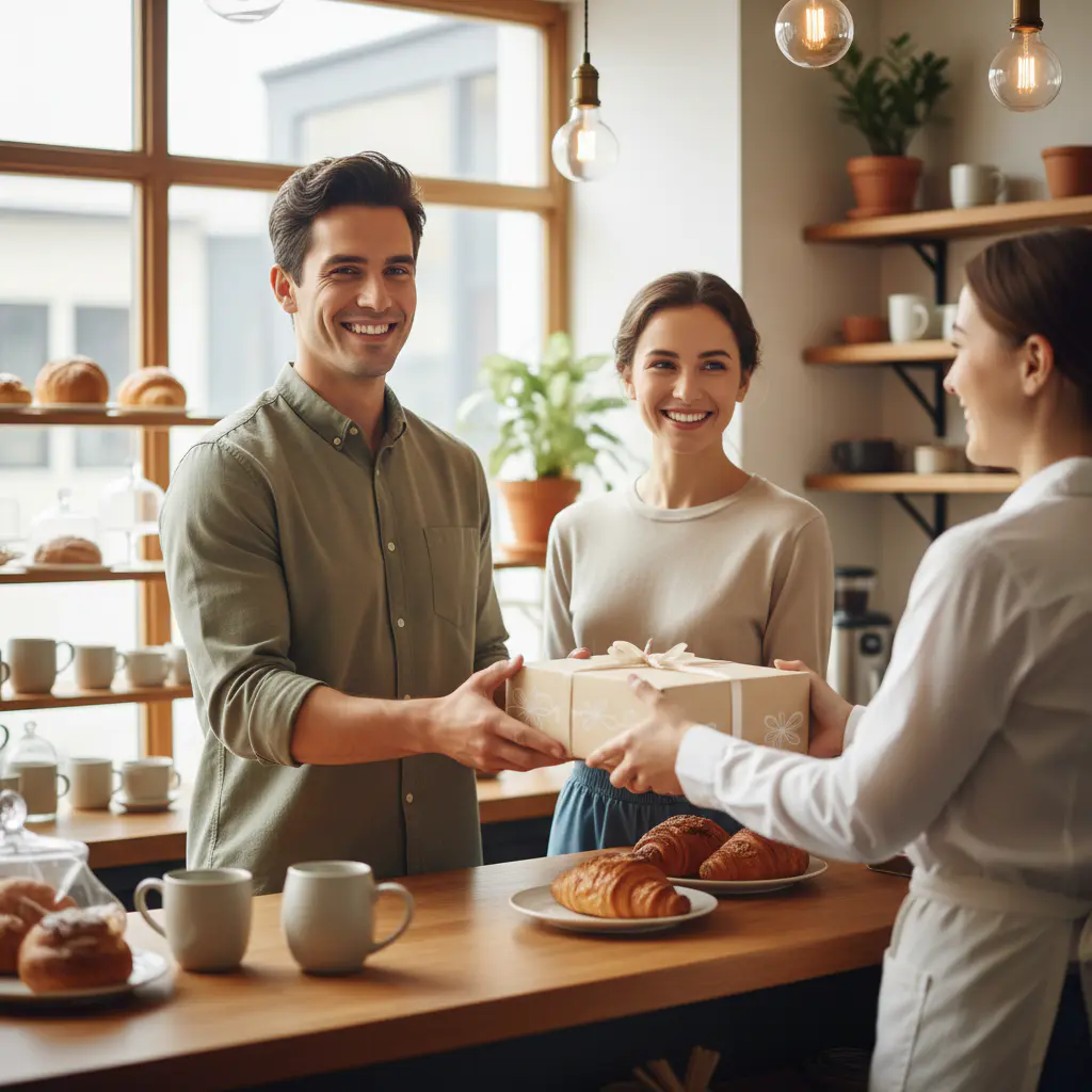 Smiling customers receiving a pastry box