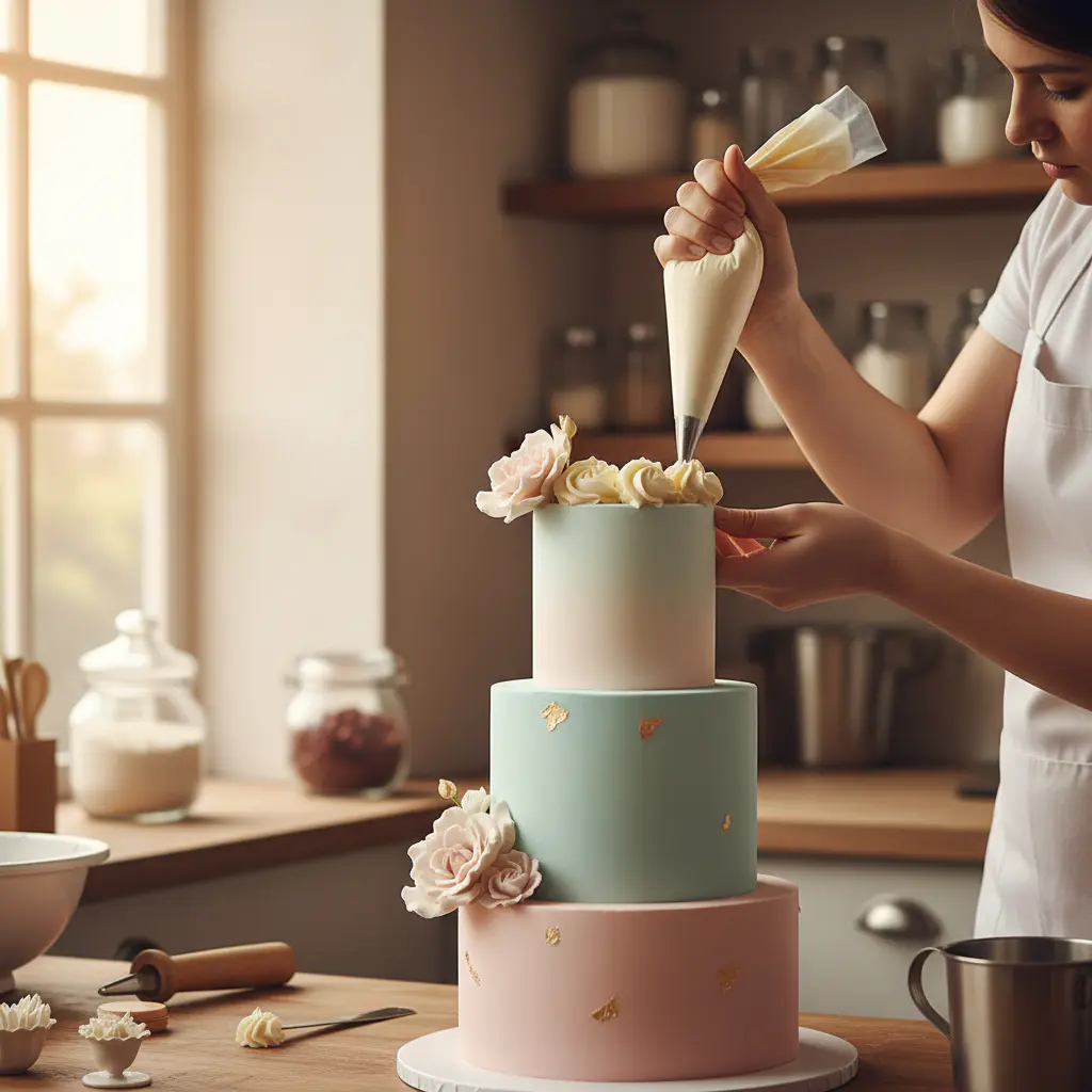 Decorator piping frosting onto a tall custom cake