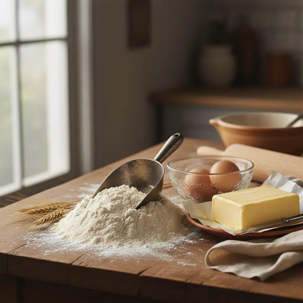 Fresh unbleached flour and butter on a table