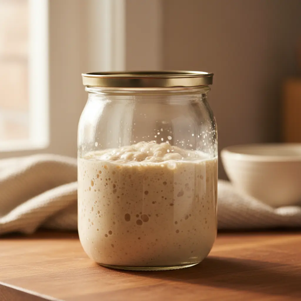 Sourdough starter bubbling in a glass jar