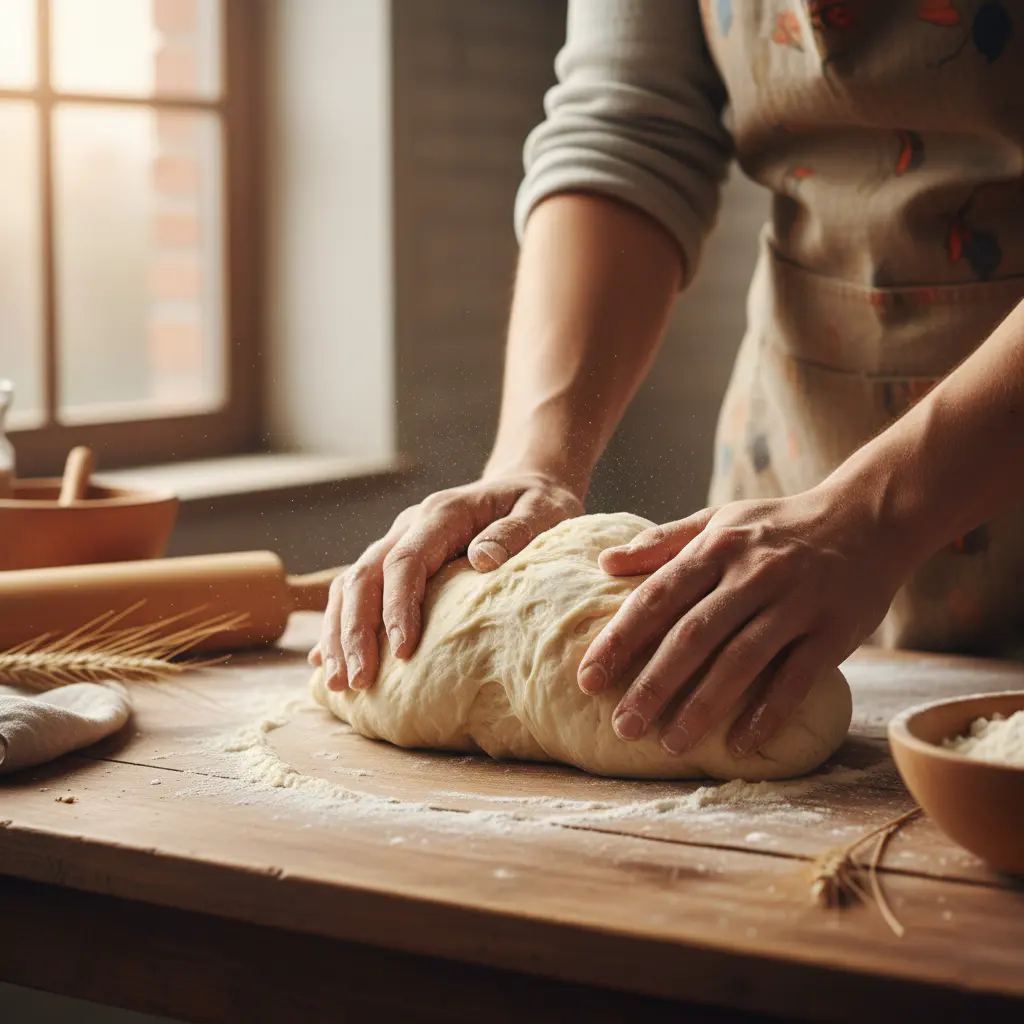 Baker kneading fresh dough on a wooden table