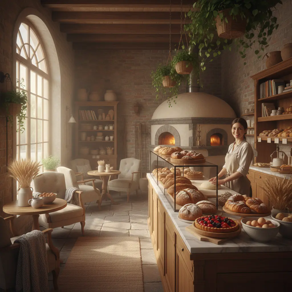 Warm and cozy artisan bakery interior