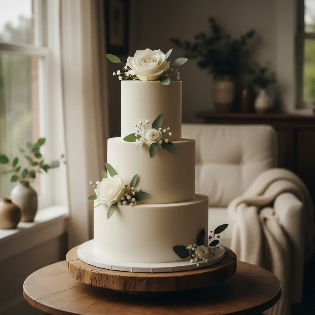Elegant custom tiered cake with minimalist floral decoration