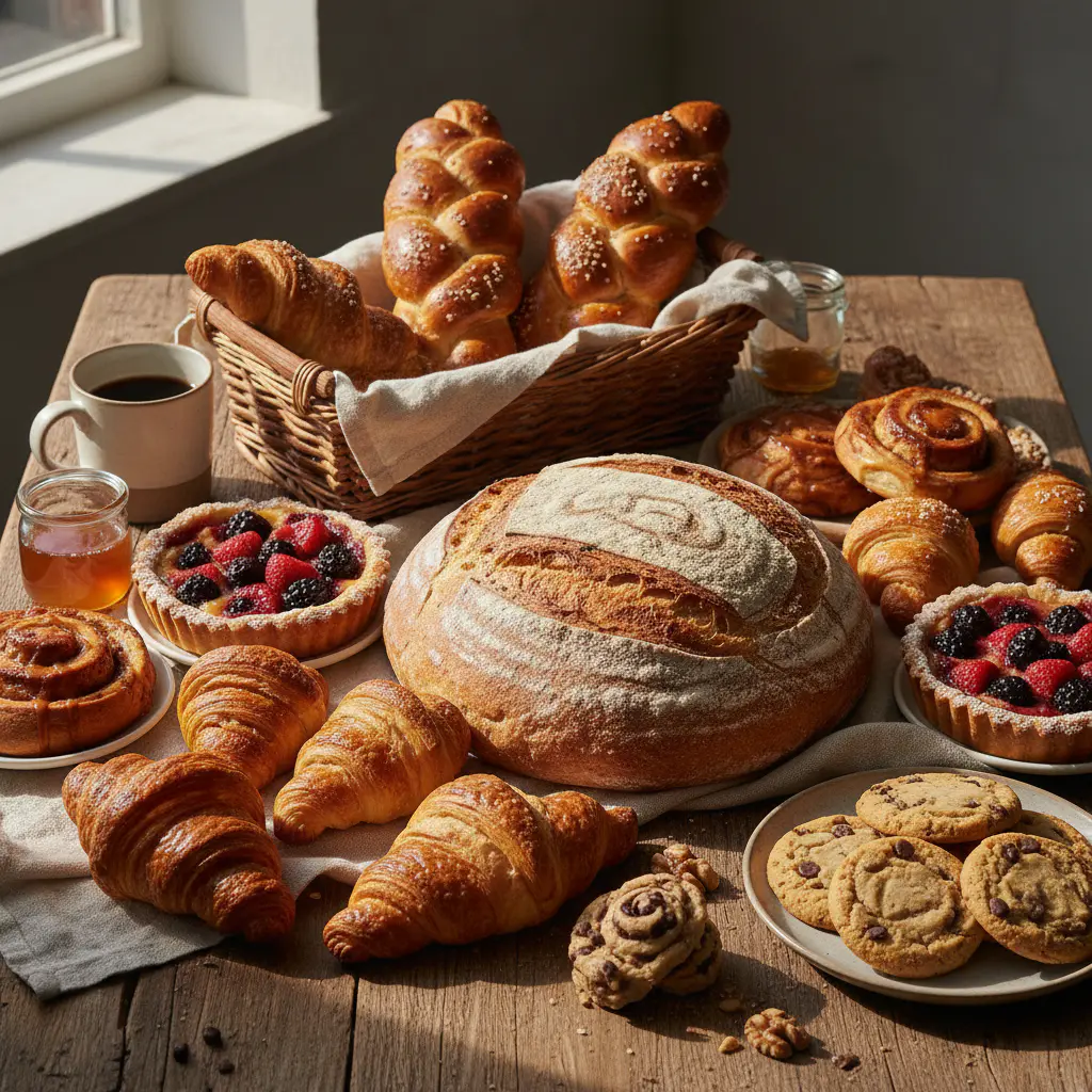 Assortment of freshly baked goods on a rustic table