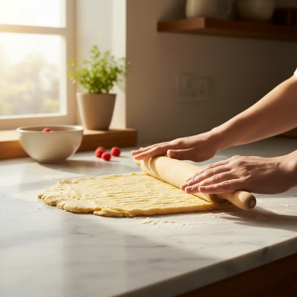 Laminating pastry dough on a marble counter