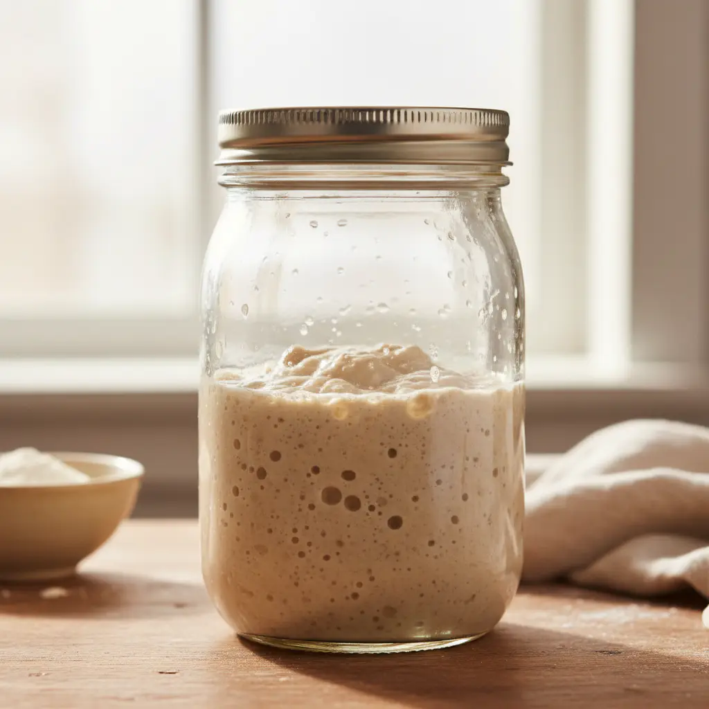 A bubbly sourdough starter in a glass jar