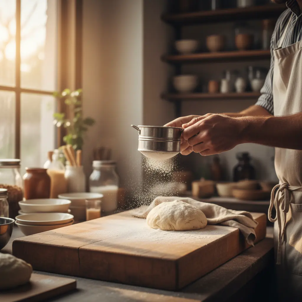 Baker dusting flour onto a wooden block
