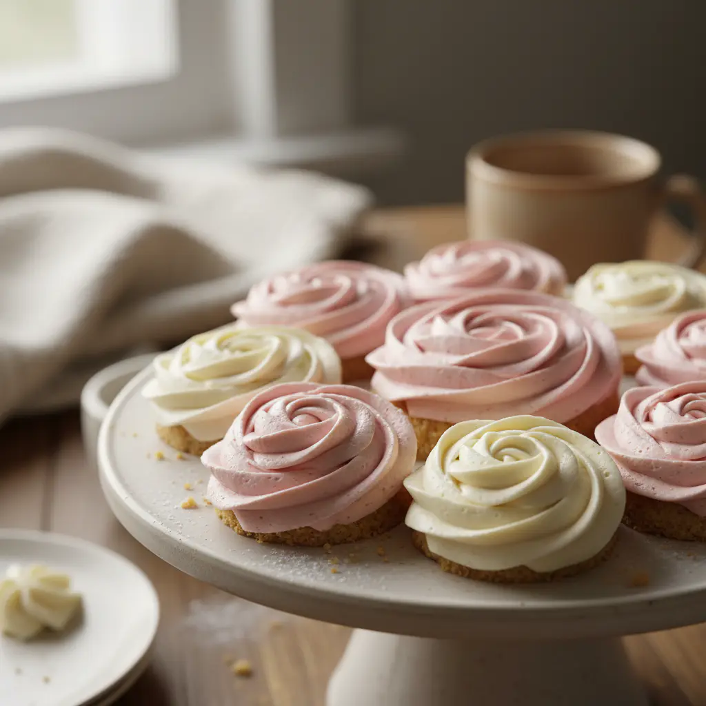 Close up of freshly piped buttercream rosettes