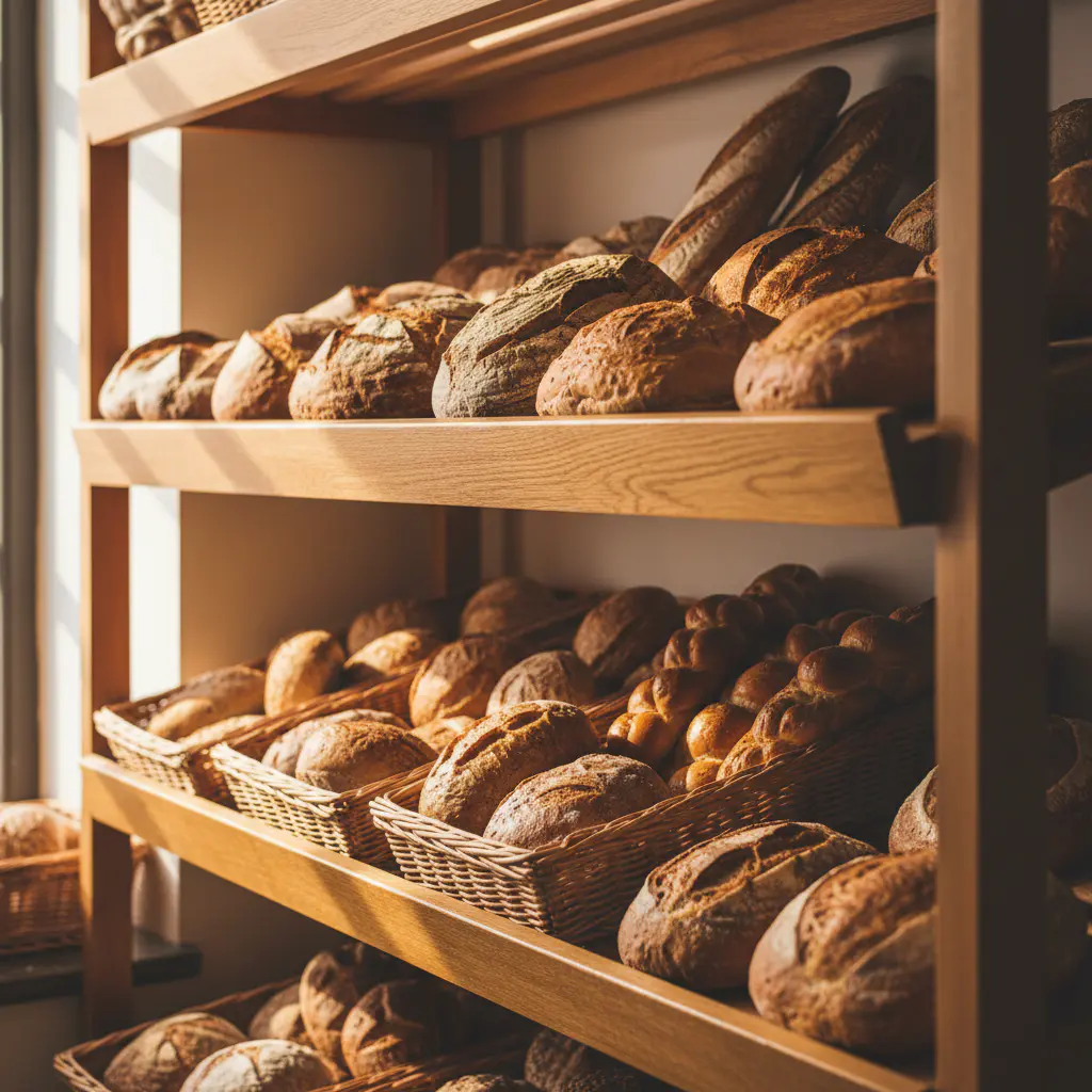 Warm wooden bakery shelves lined with fresh loaves