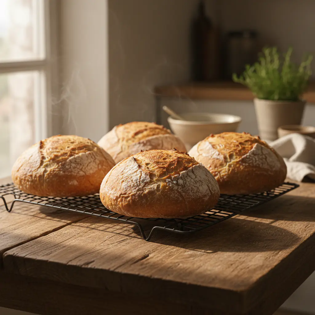 Fresh artisan bread resting on a cooling rack