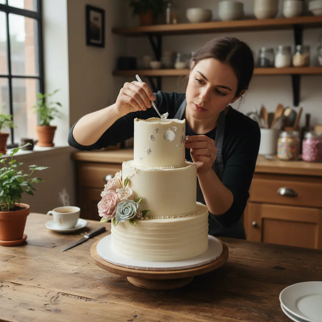 Artisan decorating a tiered custom cake